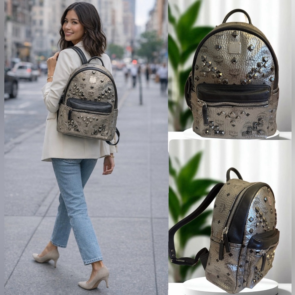 MCM studded Metallic Leather Backpack-silver/gunmetal💕